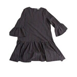 GANNI Striped Bell Sleeve Drop Waist Dress Size 38 Navy
